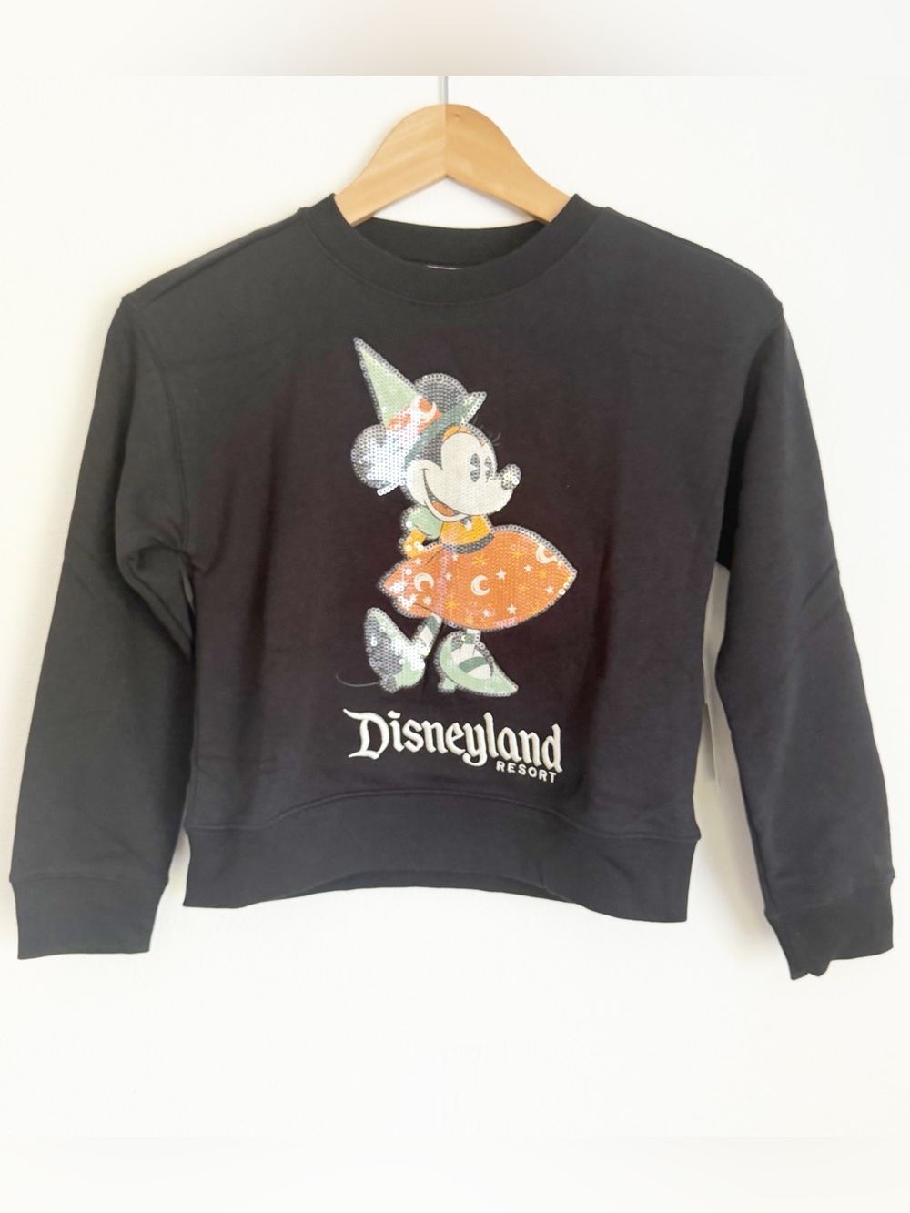 Disney Parks Minnie Mouse Halloween Black Pullover Crew Girl’s 7/8 Sequins NWT
